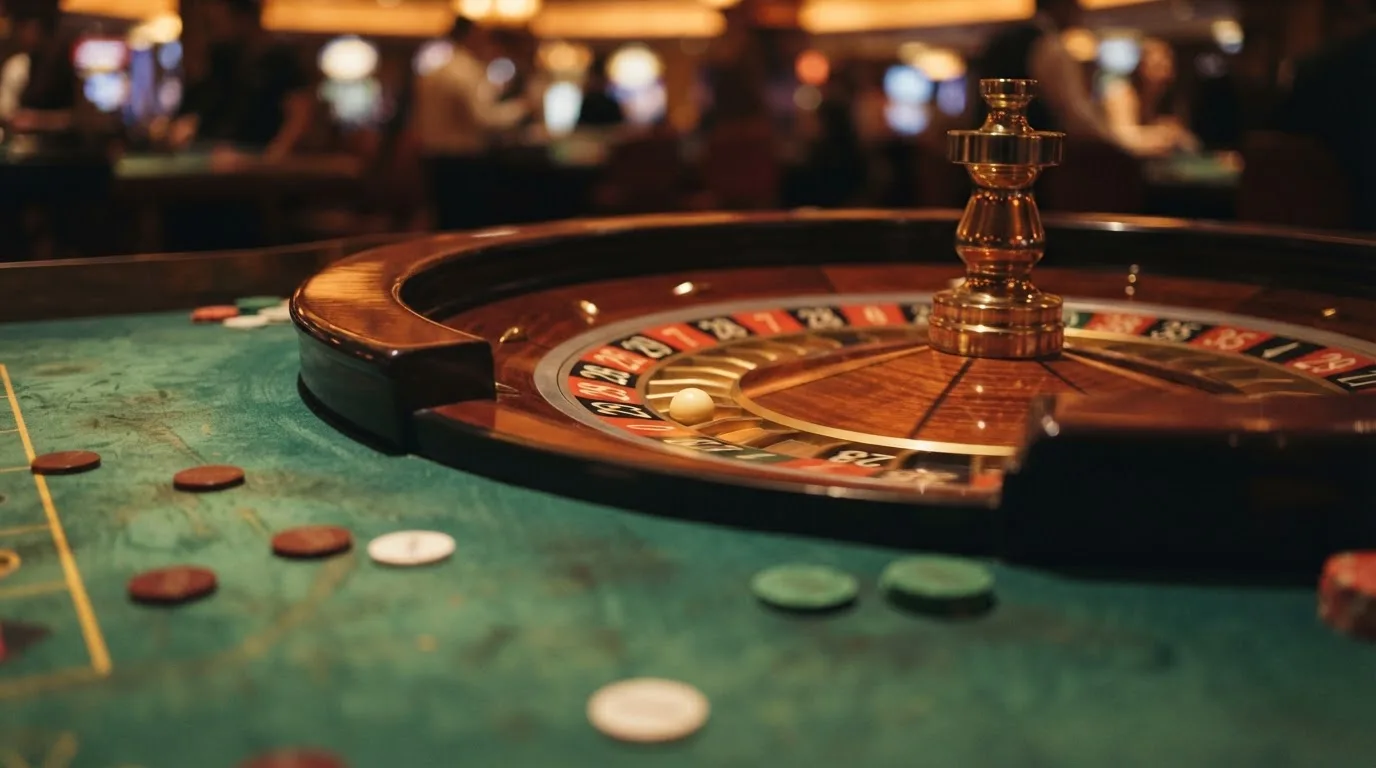 Roulettehjul og spillemærker på grønt filt i varmt aftenlys — anmeldelser af casinoer