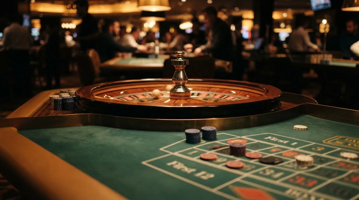 Roulettehjul og spillemærker på grønt filt i varmt aftenlys — bedste blackjack casinoer