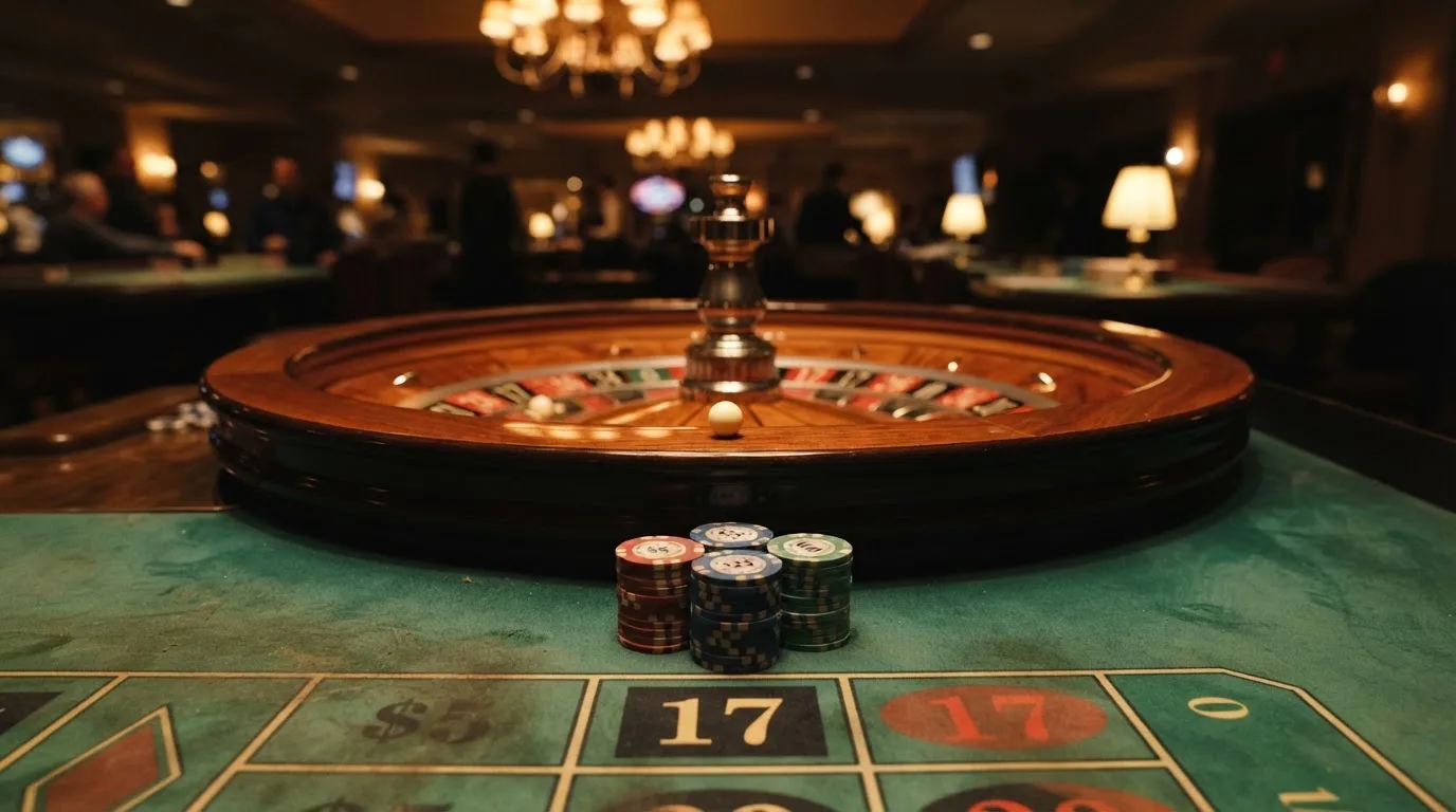 Roulettehjul og spillemærker på grønt filt i varmt aftenlys — bedste blackjack i danmark