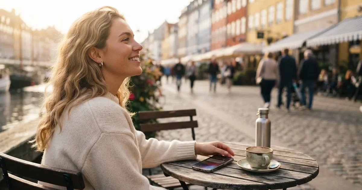 En ung kvinde sidder på en café i København og holder en smartphone i hånden, mens hun kigger op og smiler i dagslys.