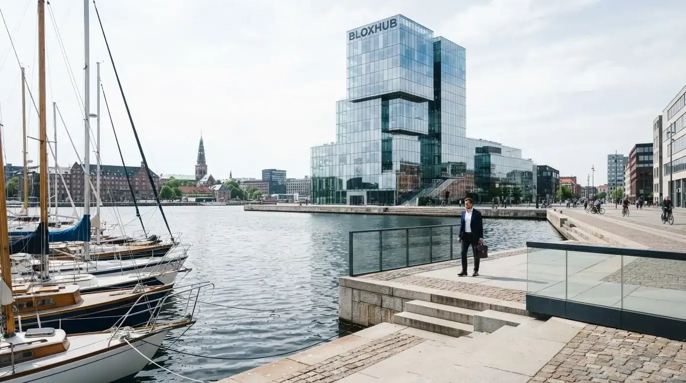En moderne kontorbygning med glasfacade ved Københavns havn i klart dagslys, med en medarbejder i blazer, der går forbi.