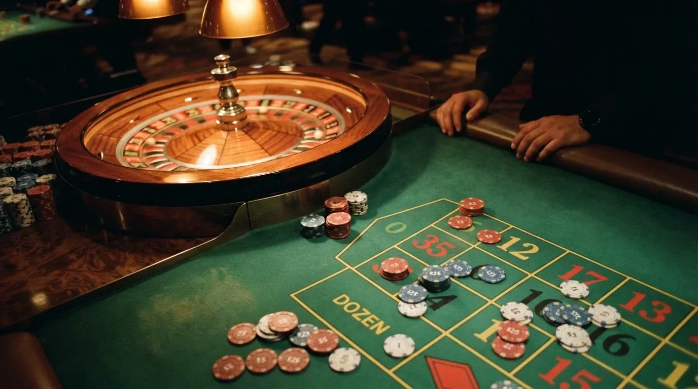 Roulettehjul og spillemærker på grønt filt i varmt aftenlys — bedste danske casino bonusser