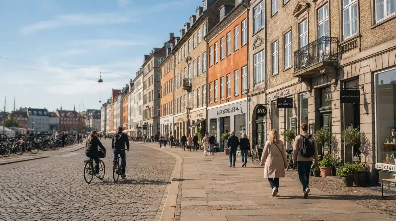Københavnsk gade med klassiske bygninger og cyklister i klart vejr, set fra fortovet.