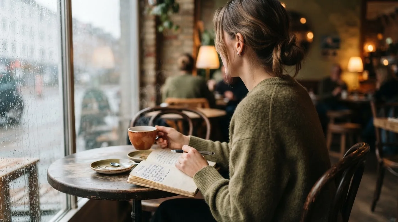 Kvinde sidder på en café med en kop te og kigger tænksomt ud ad vinduet i blødt dagslys.