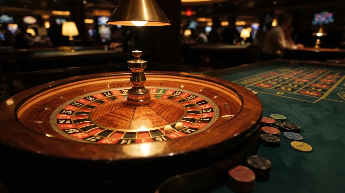 Roulettehjul og spillemærker på grønt filt i varmt aftenlys — bedste roulette casinoer
