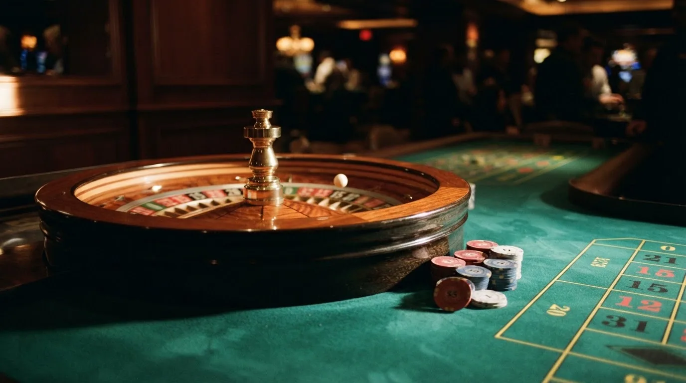 Roulettehjul og spillemærker på grønt filt i varmt aftenlys — bedste slots casinoer