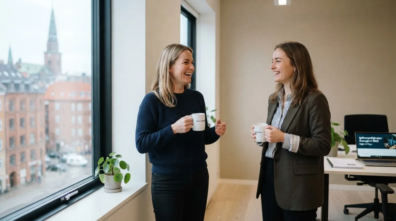 To medarbejdere står ved et stort vindue i et lyst kontor i København og taler sammen med kaffekopper i hænderne.