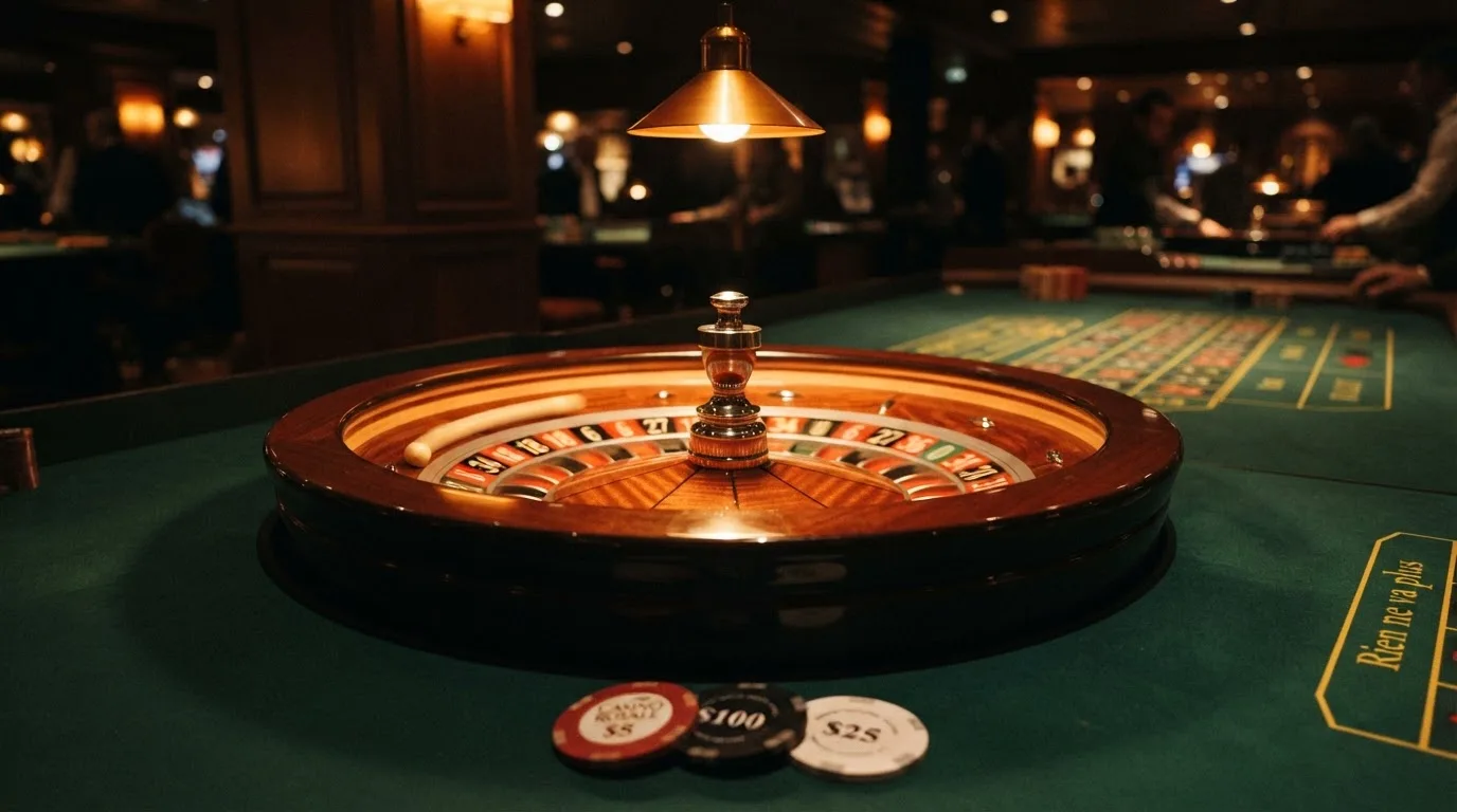 Roulettehjul og spillemærker på grønt filt i varmt aftenlys — casino bonus til eksisterende kunder
