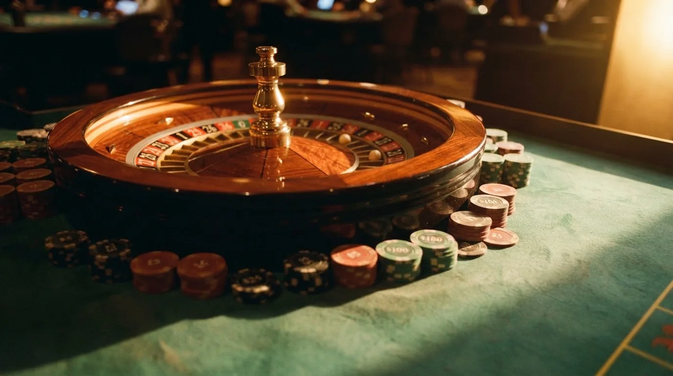 Roulettehjul og spillemærker på grønt filt i varmt aftenlys — casino bonus uden indskud dk