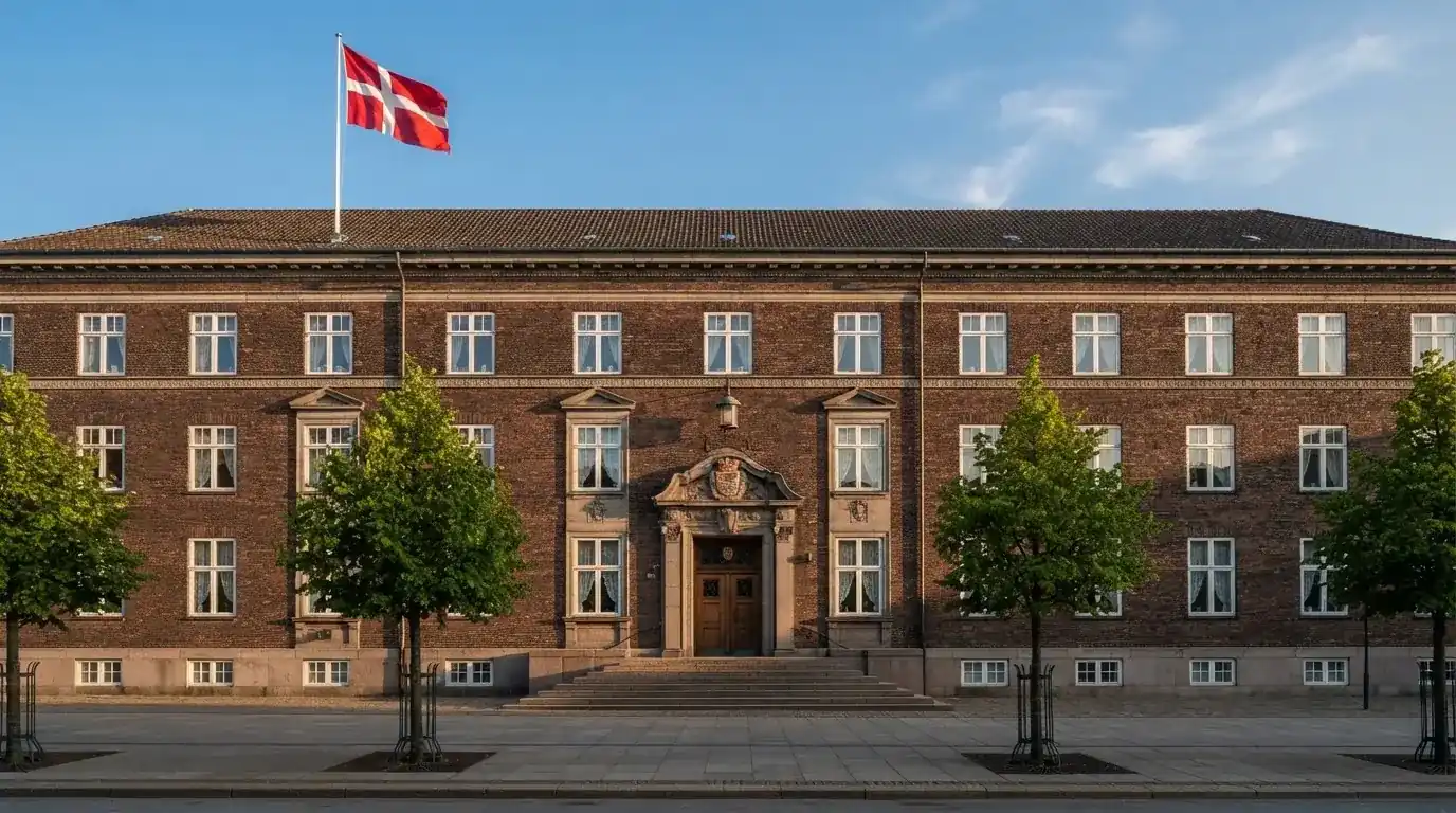Facade af en klassisk dansk administrationsbygning i røde mursten med flagstang under blå himmel, uden personer.