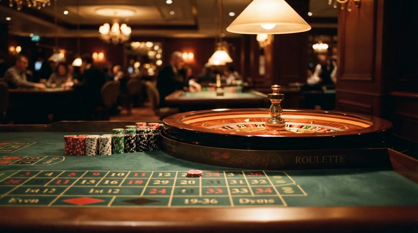 Roulettehjul og spillemærker på grønt filt i varmt aftenlys — casino med cardano i danmark