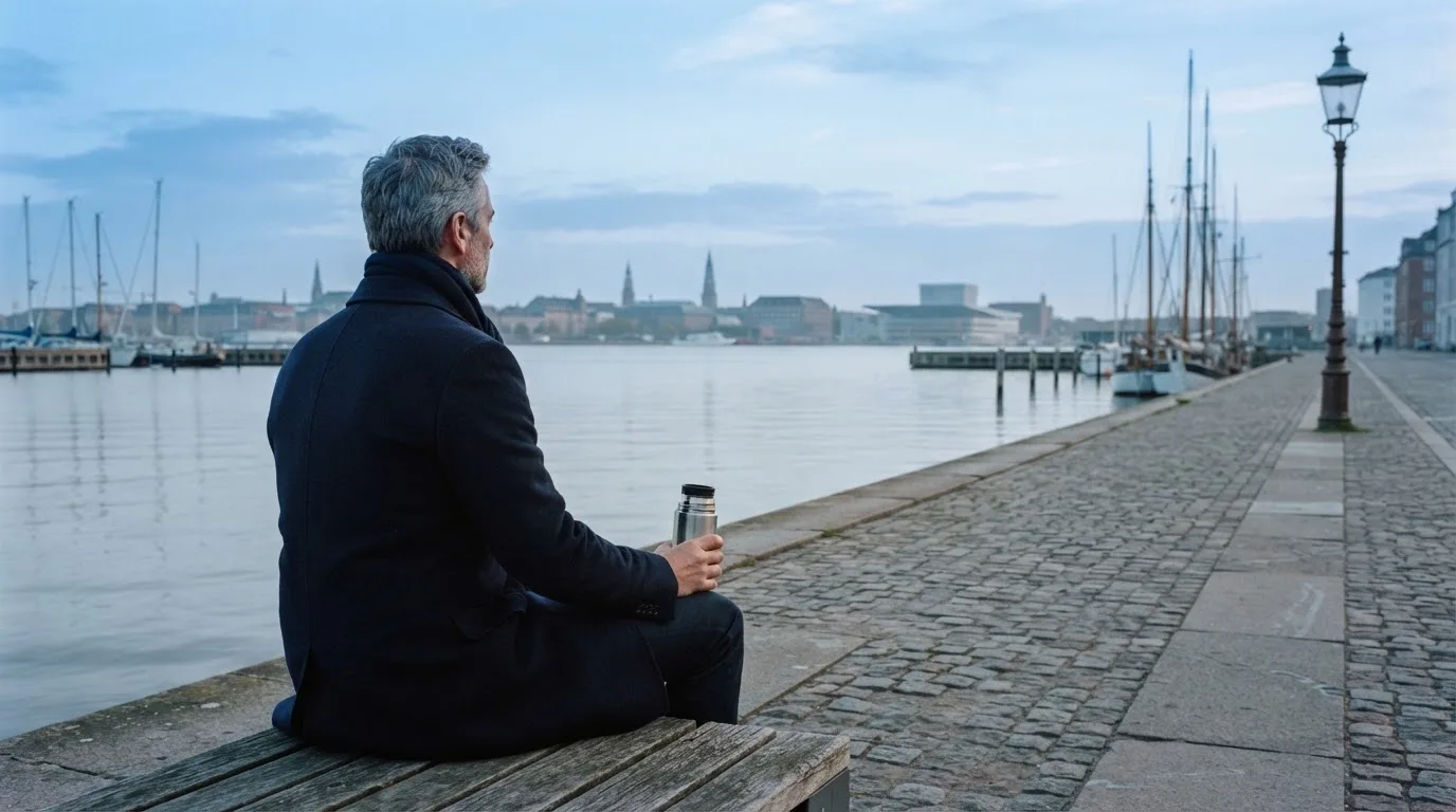En mand sidder på en bænk ved havnen en tidlig morgen og ser ud over vandet med en termokop i hånden.