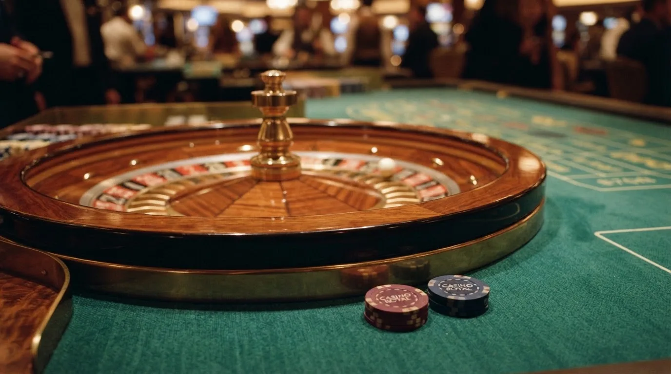 Roulettehjul og spillemærker på grønt filt i varmt aftenlys — casino med dogecoin i danmark