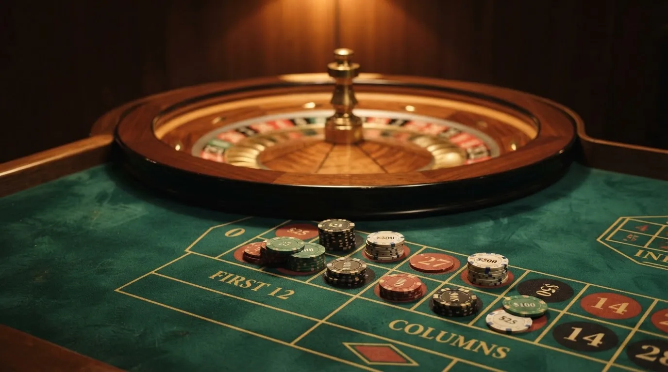 Roulettehjul og spillemærker på grønt filt i varmt aftenlys — casino med högst rtp