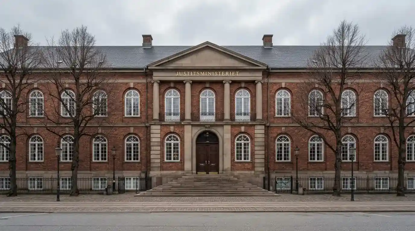 Facade af en gammel administrationsbygning i røde mursten med høje vinduer under skyet himmel, uden personer.