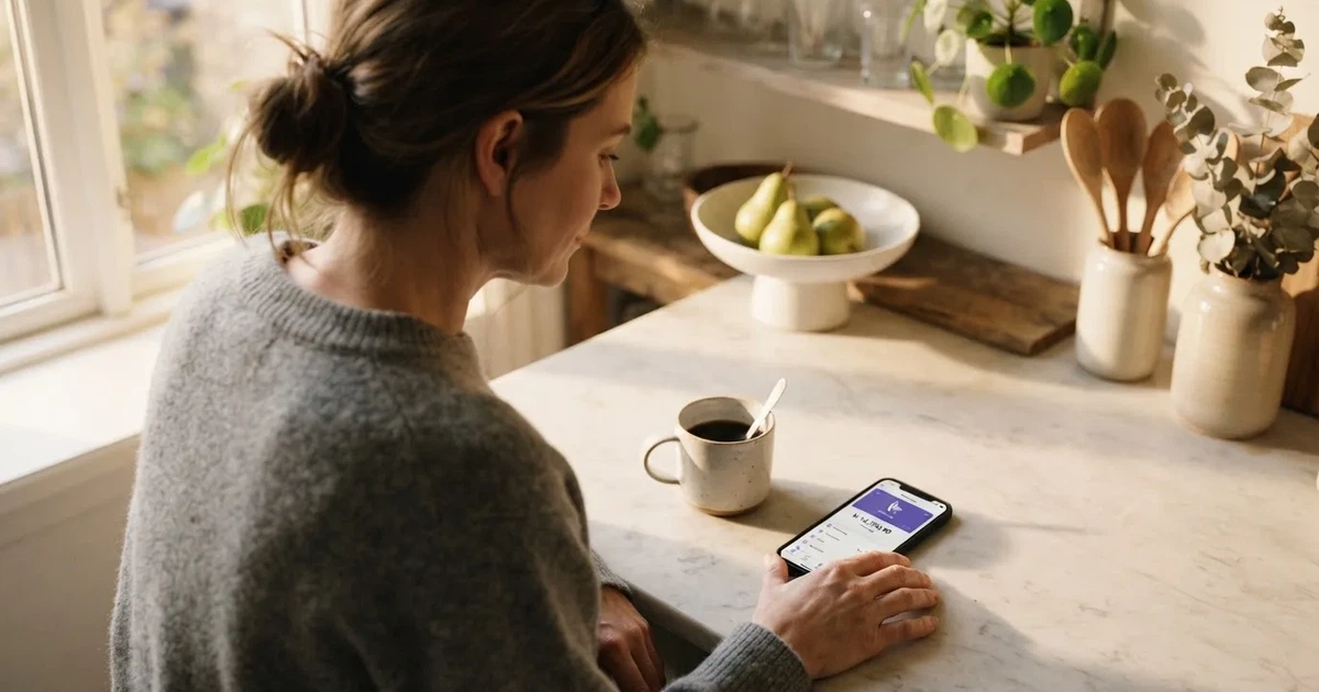En smilende kvinde tjekker sin telefon ved et køkkenbord med en kop kaffe og en frugtskål i varmt morgenlys.
