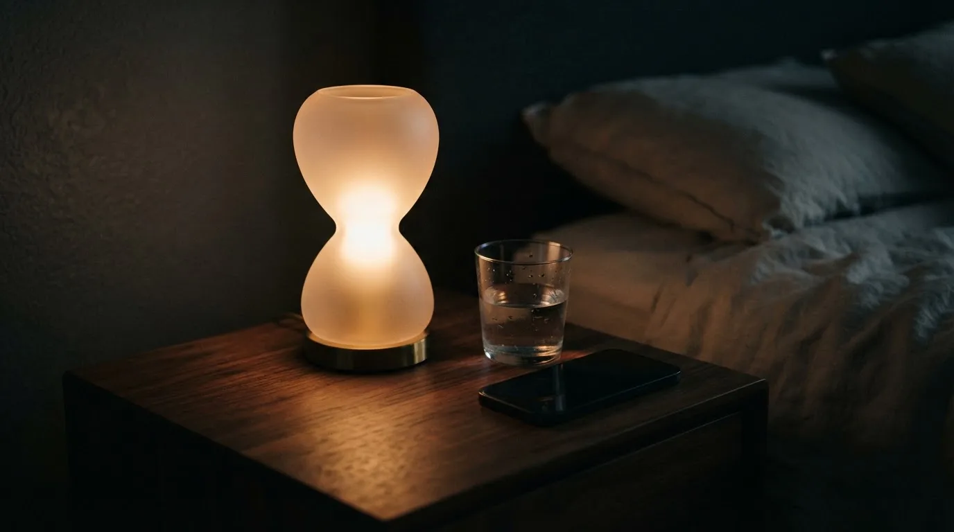 En sandglasformet lampe lyser svagt på et natbord ved siden af et glas vand og en lukket telefon.