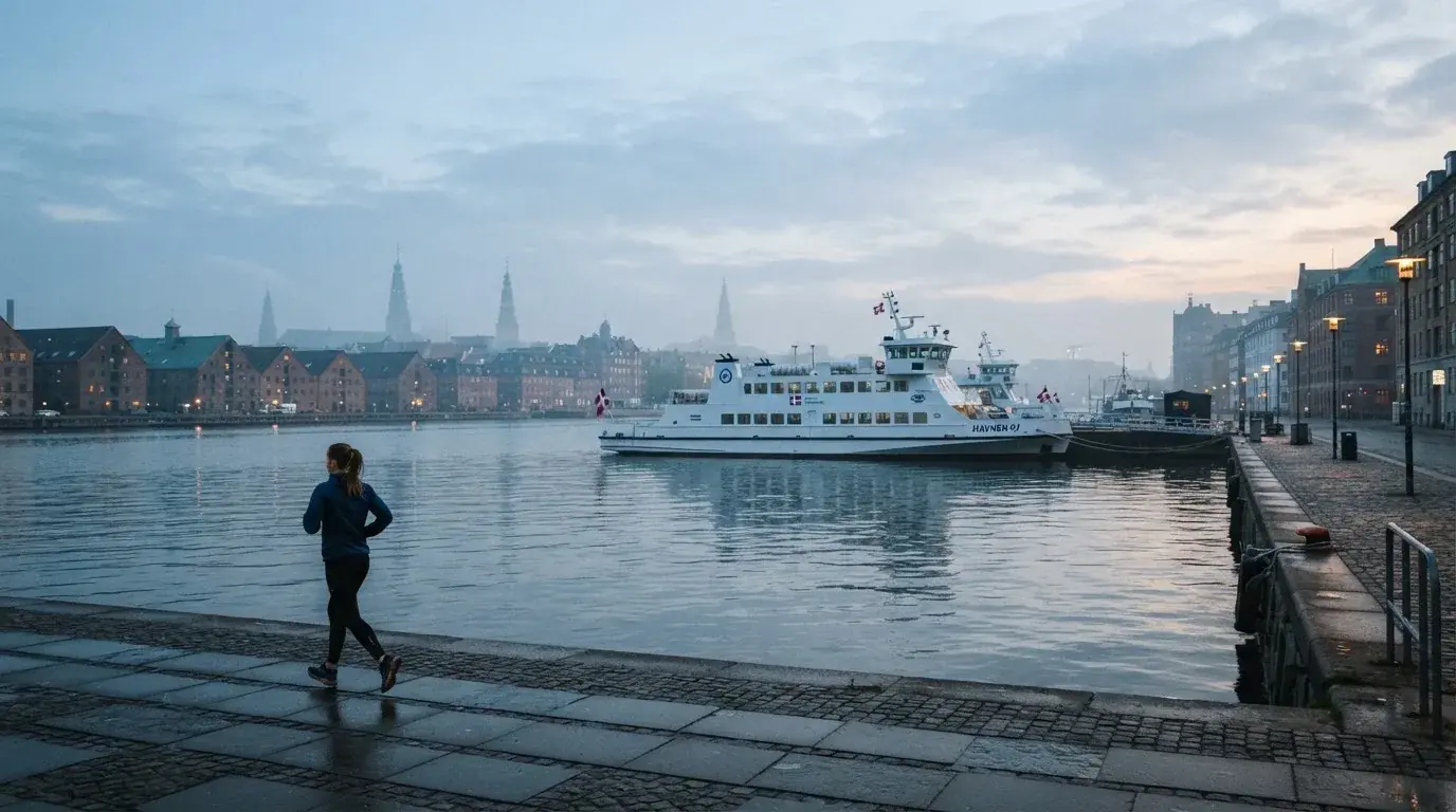Udsigt over Københavns havn en blå morgen med færgen i baggrunden og en løber på kajen i forgrunden.