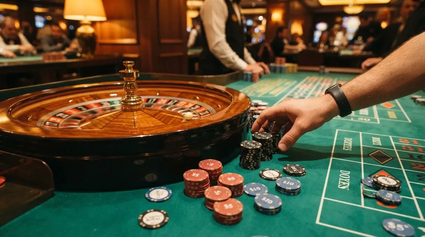 Roulettehjul og spillemærker på grønt filt i varmt aftenlys — casino på mobilen i danmark