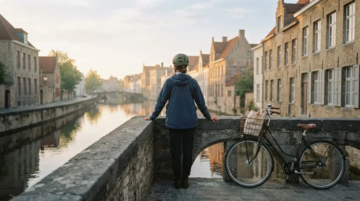Kvinde i cykelhjelm holder pause ved en bro over en kanal og ser ud over vandet i morgenlys.