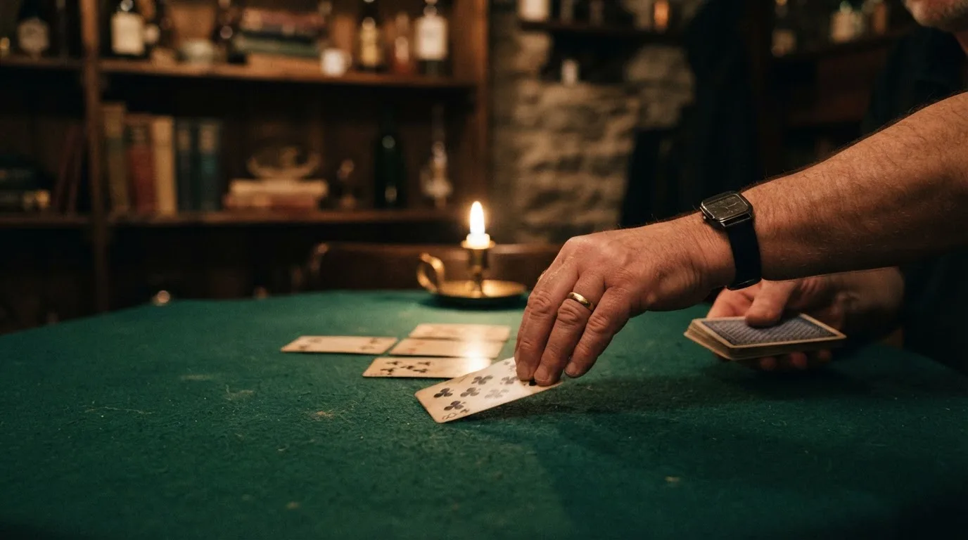 Hænder deler kort ud på et grønt filtbord i et hyggeligt rum, med et stearinlys i baggrunden.