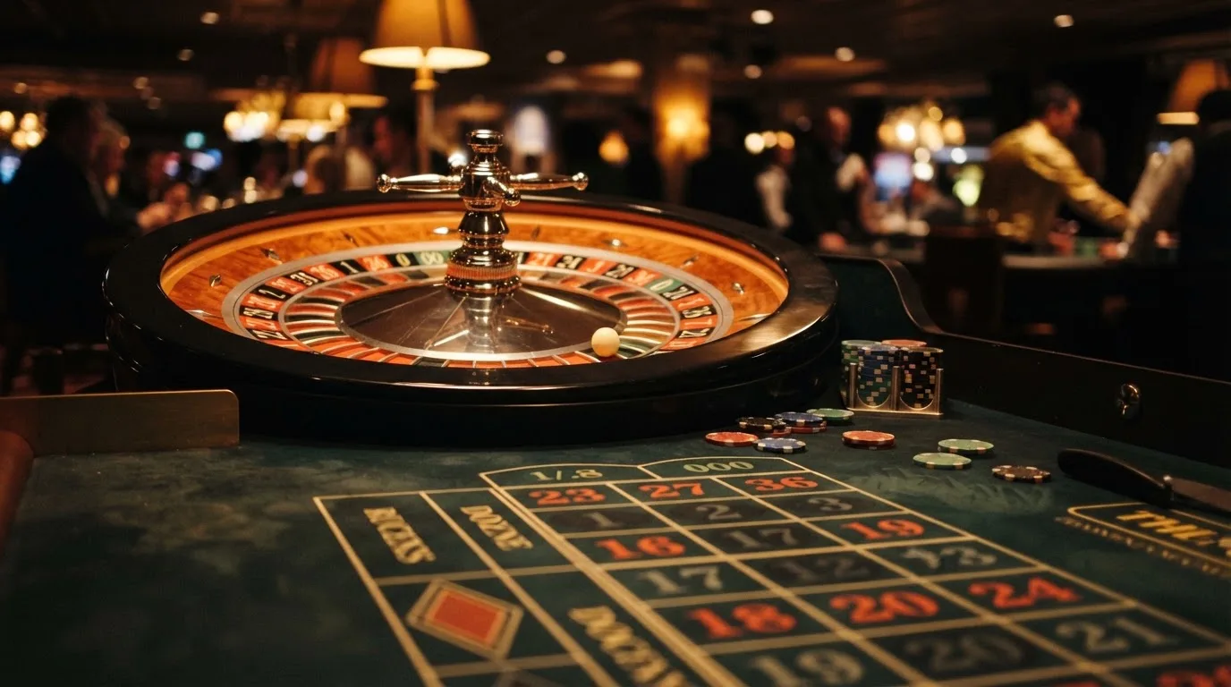 Roulettehjul og spillemærker på grønt filt i varmt aftenlys — casino uden dansk licens