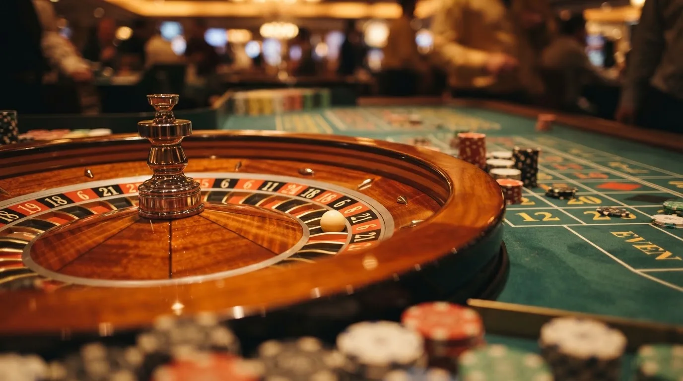 Roulettehjul og spillemærker på grønt filt i varmt aftenlys — dansk live roulette