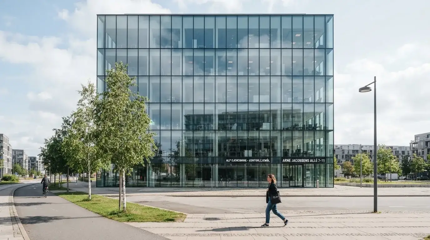 En moderne glasbygning i Ørestad en lys dag med en fodgænger i forgrunden og blå himmel bag facaden.