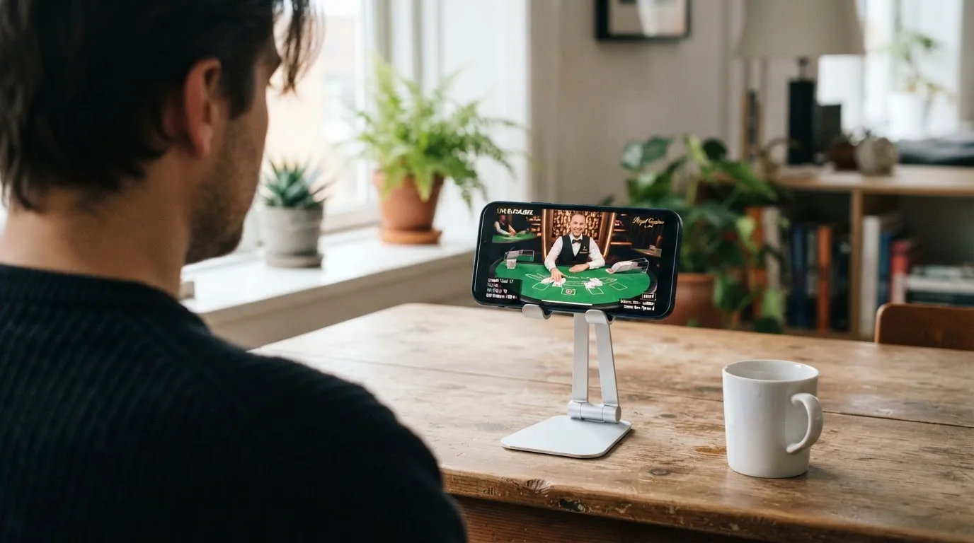 En smartphone på et stativ viser en uskarp videostream af et spillebord, mens en kaffekop står ved siden af på et skrivebord.
