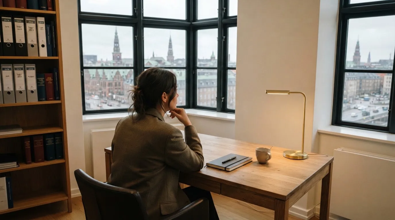 Jurist sidder ved et skrivebord i et lyst københavnsk kontor med reol, kaffekop og store vinduer og kigger eftertænksomt ud.