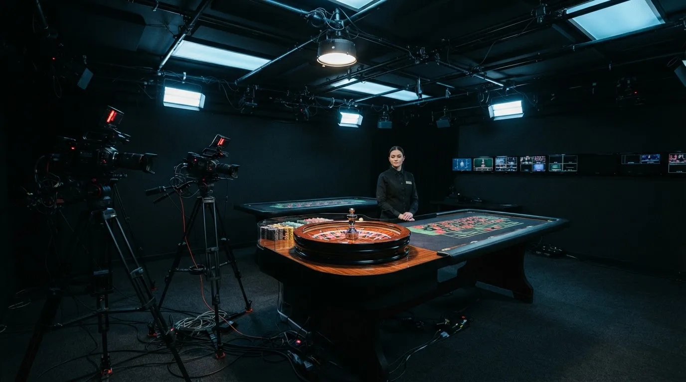 Kameraer på stativer og et roulettehjul midt i et mørkt livecasino-studie med en dealer i uniform, set fra siden i blåligt lys.