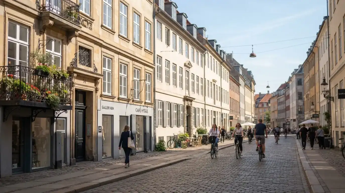 Københavnsk gade med klassiske sandstensbygninger og cyklister i klart vejr, set fra fortovet.