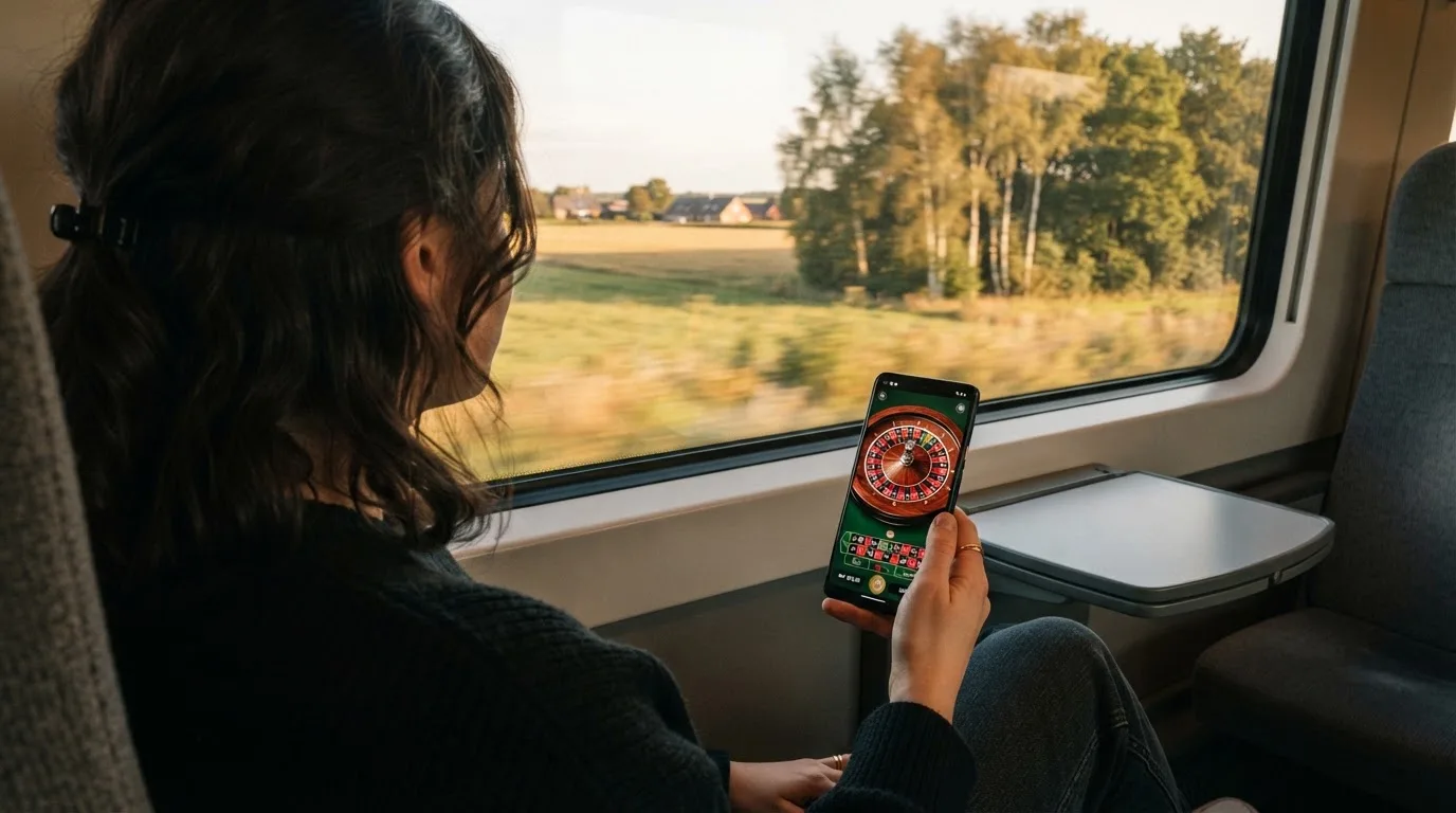 Kvinde på toget ser ud ad vinduet med mobilen i hånden, mens landskabet suser forbi i eftermiddagslys.